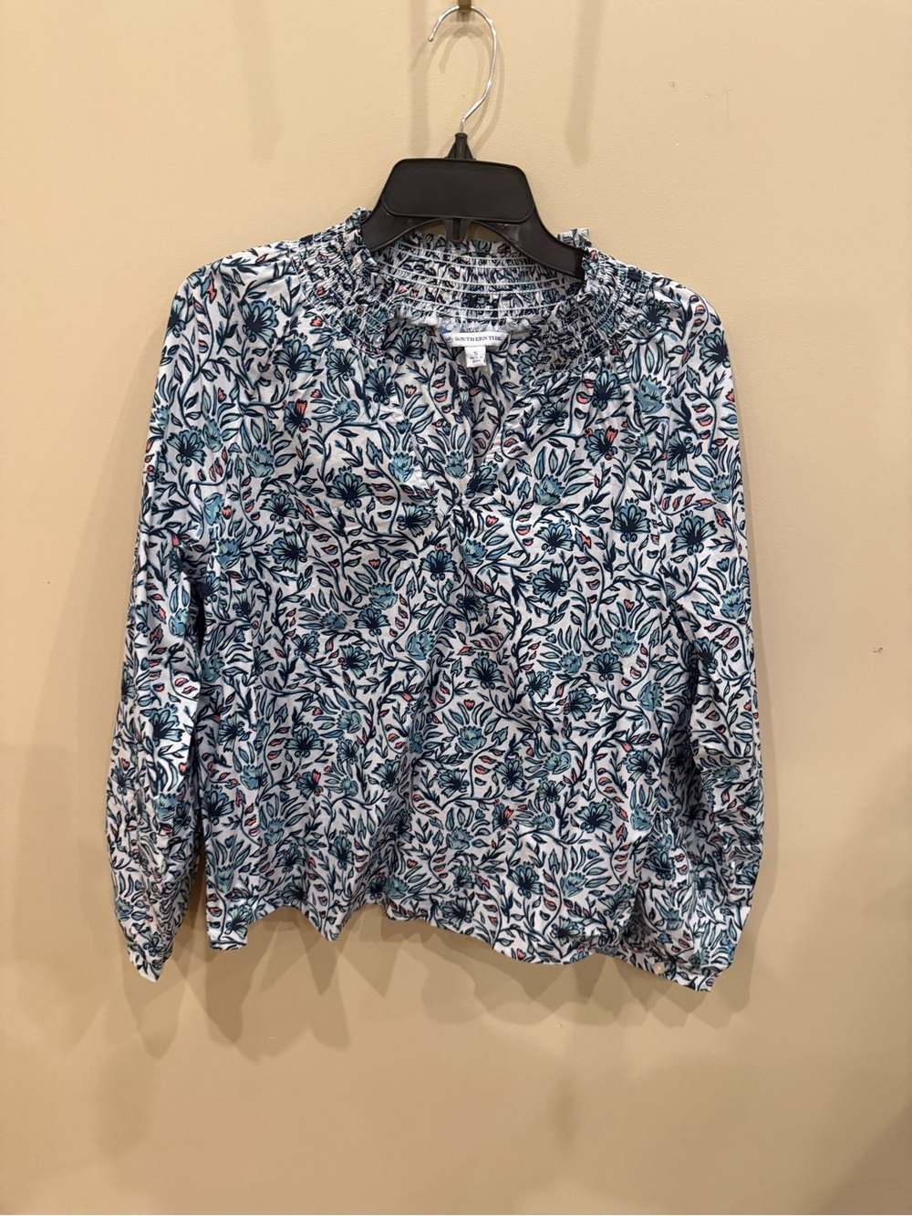 Southern Tide Navy and White Floral Smocked Blouse with Pink Accents